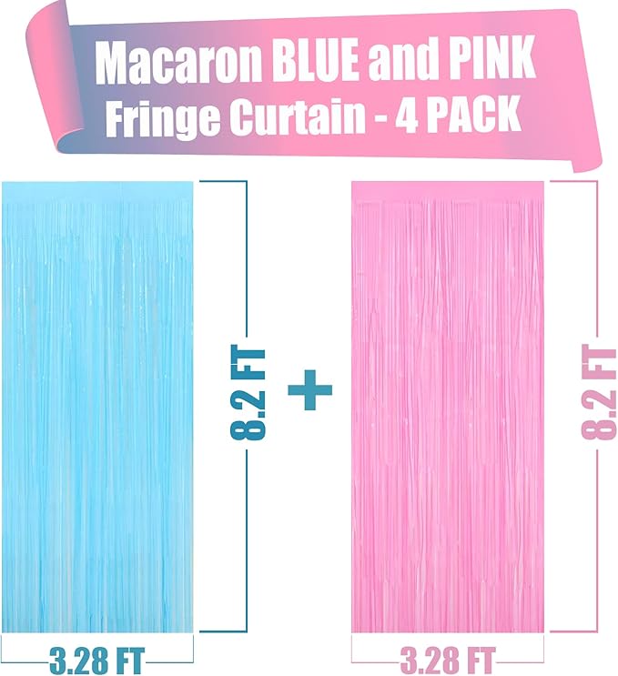 4 Pack Macaron Pink Blue Foil Fringe Curtain Backdrop, 3.28Ft x 8.2Ft Metallic Tinsel Foil Fringe Streamers for Photo Booth, Wedding Gender Reveal Backdrop Boy or Girl Birthday Party Decoration