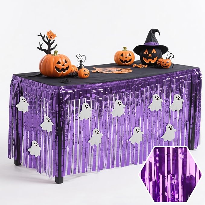 28x106 Inch Purple Sequin Tablecloth for Halloween Decorations, Metallic Tinsel Foil Fringe Table Skirt, Rectangle or Round Tables Decor, Table Cover, Ghost Decorations for Halloween Party