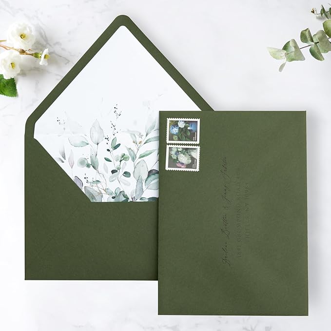 PONATIA 50PCS A7 Euro Flap Envelope, 5.25 x 7.25'' Olive Green Flowers Liner Envelopes for Wedding Invitations, Photos, Postcards, Greeting Cards, Christmas Gift, Acrylic Mailing, 5 x 7 Envelopes