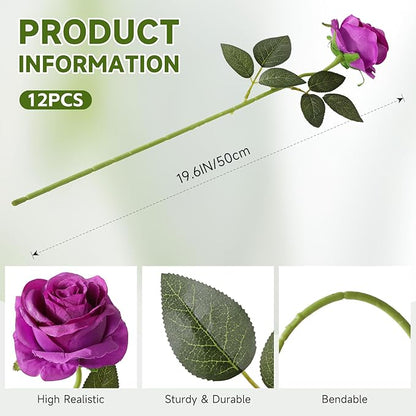 Tifuly Purple Roses Artificial Flowers - 12 pcs Realistic Single Long Stem Fake Silk Roses Bouquet for Party Home Wedding Centerpiece Office DIY Decor