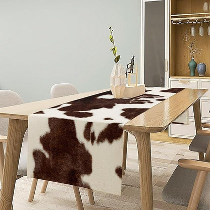 Cow Skin Print Table Runner, Safari Wildlife Brown Country Farm Cowhide Pattern Cotton Linen Rustic Cottage Table Runner for Dinning Home Party Holidays Home Setting, 13x70 Inch