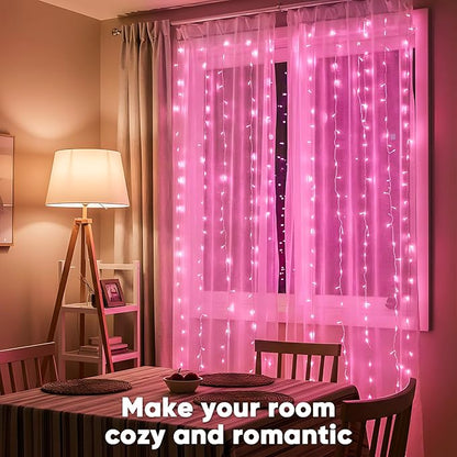 suddus Curtain Lights for Bedroom, 300 Led 9.8ft x 9.8ft Hanging String Lights Outdoor, Fairy Curtain Lights for Backdrop, Window, Wall, Wedding, Party, Garden, Porch, Birthday Decorations Pink