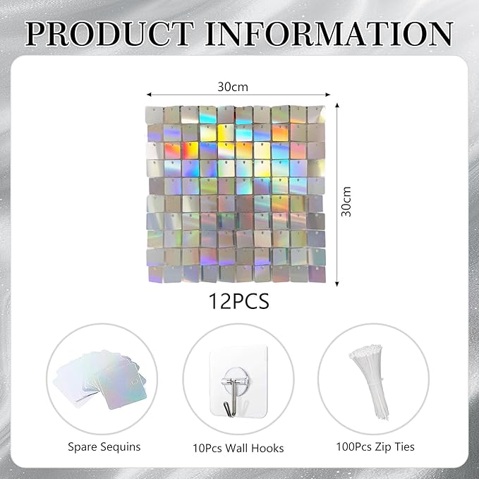 12PCS Colorful Shimmer Wall Backdrop, Square Sequin Photo Backdrops Panel, Glitter Wall Background for Birthdays, Weddings, Engagements, Baby Showers, Disco Bachelorette Party Decoration (3FTx4FT)