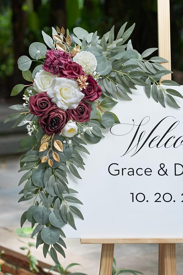 Artificial Burgundy Flower Swag Set of 2 for Wedding Welcome Signs Floral Decorations, Wedding Arch Flowers for Wedding Ceremony, Ivory Wedding Flower