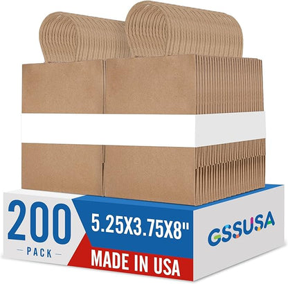 GSSUSA 200 Pack Brown Paper Bags 5.25x3.75x8 Inch Small Gift Bags with Handles Bulk, Brown Kraft Bag for Small Business, Sturdy Grocery Retail Shopping Birthday Party Favor Craft Bag