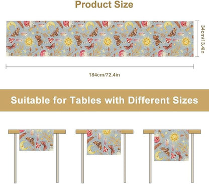 Boho Sun Moon Table Runner Mystical Rustic Butterfly Mushroom Star Table Runner for Kitchen Living Room Dinner Holiday 13x70 Inch
