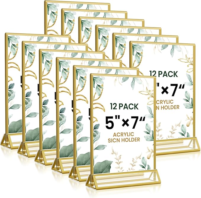 5x7 Gold Acrylic Sign Holder, 12 Pack Wedding Table Number Stands With Vertical Gold Borders, Double Sided Picture Frame Paper Stand, Clear Photo Display Menu for Party, Home, Restaurant