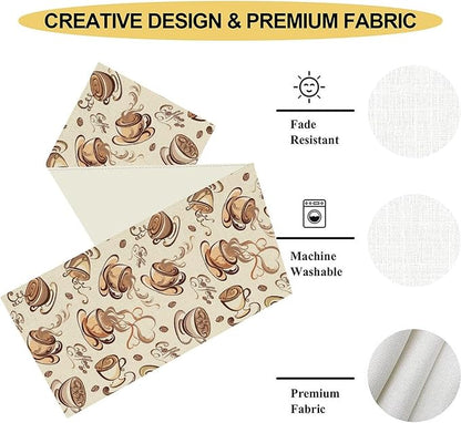 Coffee Time Table Runner, Farmhouse Retro Coffee Cup Tea Party Cafe Table Center Decor for Home Kitchen Dining Patio Holiday Party Indoor Outdoor Table Decorations,13"x36" Inch