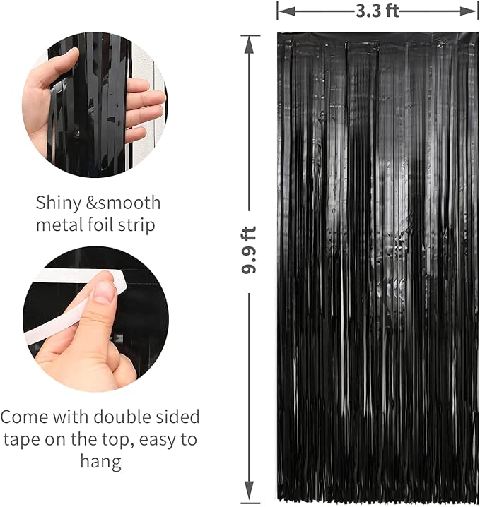 Crosize 2 Pack 3.3 x 9.9 ft Black Foil Fringe Backdrop Curtain, Streamer Backdrop Curtains, Streamers Birthday Party Decorations, Tinsel Curtain for Parties, Photo Booth Backdrops, Party Décor