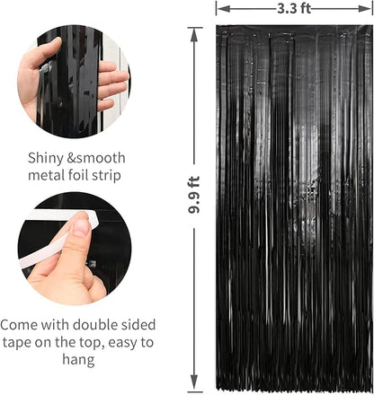 Crosize 2 Pack 3.3 x 9.9 ft Black Foil Fringe Backdrop Curtain, Streamer Backdrop Curtains, Streamers Birthday Party Decorations, Tinsel Curtain for Parties, Photo Booth Backdrops, Party Décor