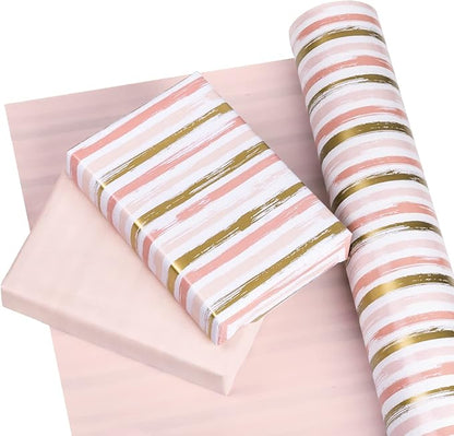 WRAPAHOLIC 30 Inch Reversible Wrapping Paper Roll - 30 Inch X 100 Feet Jumbo Roll Pink and Gold Lines Print for Birthday, Holiday, Wedding, Baby Shower and More Occasions