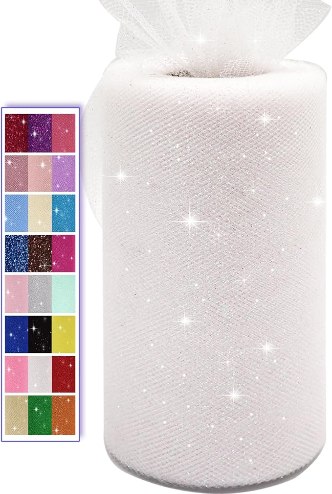 Glitter Tulle Fabric Rolls, 6 Inch 50 Yards (150ft) Sparkling Spool Ribbon Sequin Netting for Tutu Skirt Gift Wrapping Wedding Party Decoration (White)