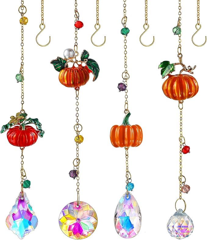 HDCRYSTALGIFTS Set 4 Fall Pumpkin Suncatchers Crystals Sun Catchers Indoor Window Hanging Thanksgiving Tree Decorations for Farmhouse Harvest Autumn Home Party Decor