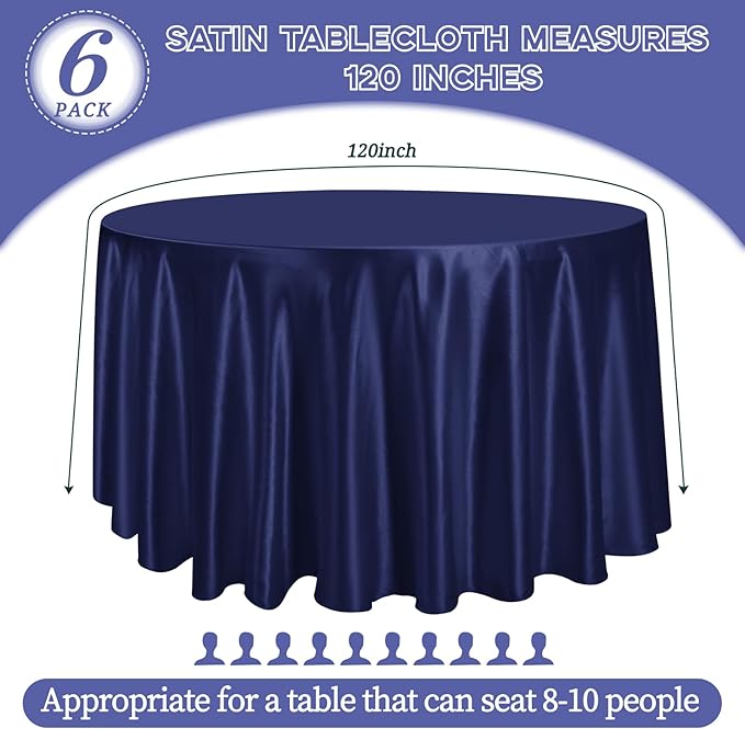 fani 6 Pack 120 Inch Navy Blue Satin Tablecloth - Premium Bright Silky Round Tablecloth Overlay Smooth Fabric Table Cover, Table Decoration for Wedding Party Banquet Events Restaurant Kitchen Dining