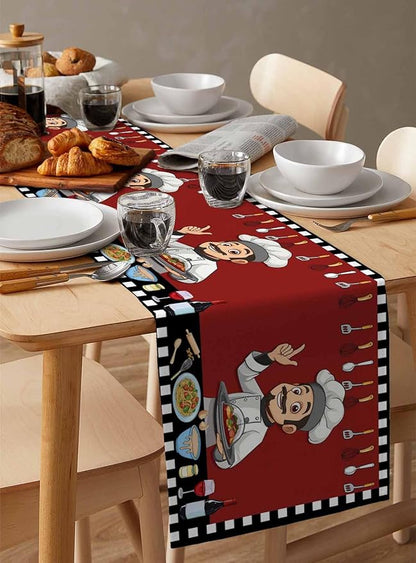 Red Chef Gourmet Cotton Linen Table Runner for Dining Kitchen, Wedding Outdoor Party Tablerunners Decoration, Black White Check Plaid Funny Kitchen Dresser Scarf Coffee Tablecloth Runners 13x60 Inches