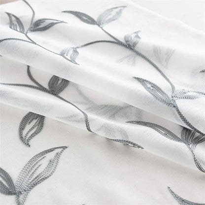 VISIONTEX Sheer Curtains 72 Inch Length 2 Panels, Decor Iron Grey Vine Leaves Embroidery on White Voile Pair, Accent Semi Window Drapes for Kitchen, Living Room and Bedroom, 54" W x 72" L
