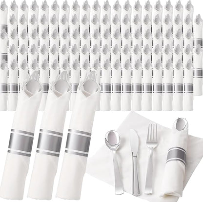 200Guests Pre Rolled Silver Plastic Silverware Sets - Heavy Duty Silver Cutlery - Include 200 Pack Wrapped Disposable Utensils with Napkins for Parties & Dinners & Weddings