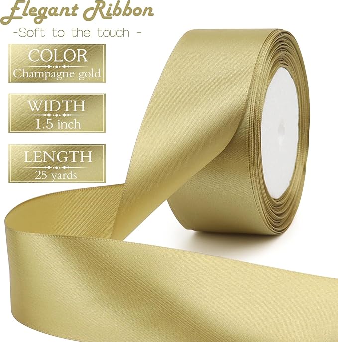Champagne Gold Solid Satin Ribbon 1-1/2 Inch 25 Yards Solid Polyester Fabric Ribbon for Gift Wrapping Wedding Christmas Baby Shower Birthday Party Decoration Handmade Immortal Flower Craft