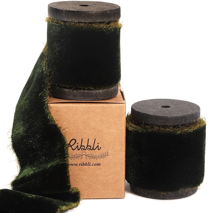Ribbli Dark Moss Velvet Ribbon 1.5 Inch Handmade Frayed Vintage Christmas Ribbon for Gift Wrapping Christmas Tree Ornament Wreath Craft Home Decor -Total 3 Yards with Wooden Spool