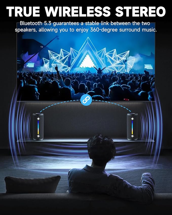 Bluetooth Speakers Wireless Loud Stereo Sound IPX7 Waterproof Outdoor Portable 25W Super Bass Speaker for Home Party Beach with 24H Playtime Colorful Lights BT5.3 TWS Pairing Birthday Gift Black
