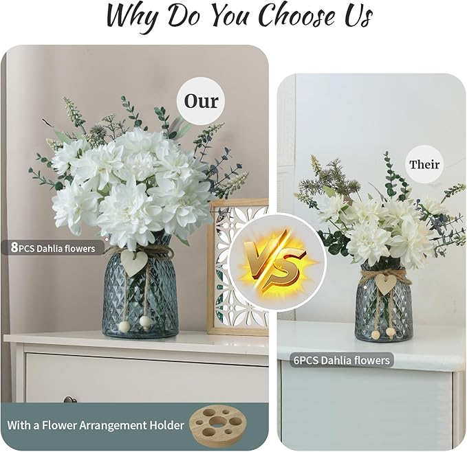 Fake Flowers in Vase,8 Dahlias,Silk Artificial Flowers in Vase,Centerpiece Table Decorations,Coffee Table Decor,Faux Flowers in Vase with a Flower Arrangement Holder