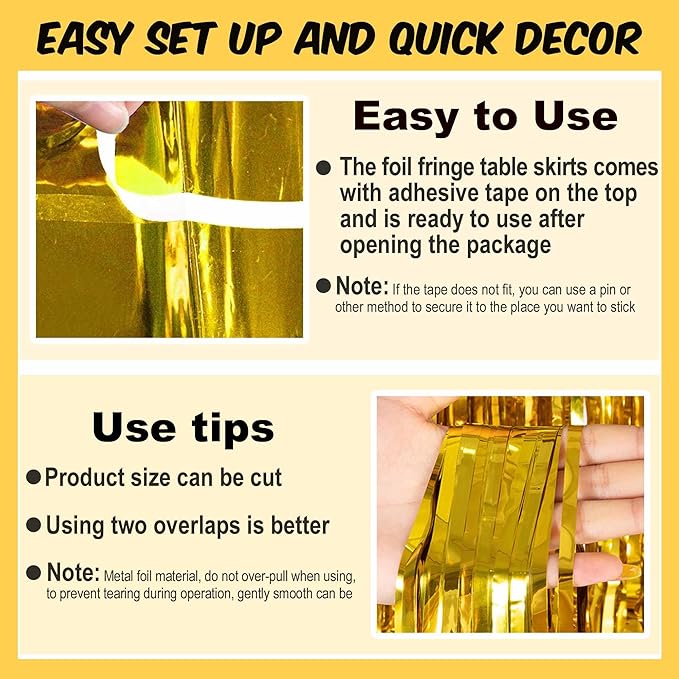 3 Pack 29 x108 Inch Gold Foil Fringe Table Skirts Metallic Banner for Tinsel Streamer Garland Backdrop for Parade Floats Mother's Day, Graduate, Birthday, Wedding Party Decoration