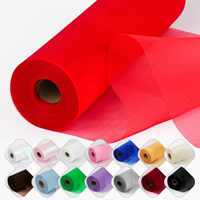 Crystal Organza Fabric Tulle 11 Inch by 50 Yards Sheer Tulle Rolls for DIY Craft Wedding Party Baby Shower Decor Gift Wrapping Party Supplies (Red)