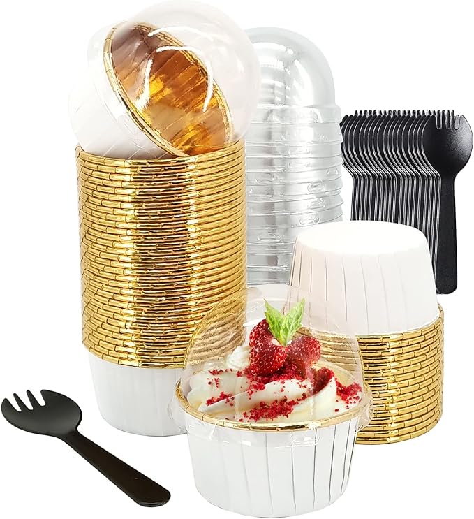 50 Pack Jumbo Cupcake Cups with Lids,LNYZQUS 5oz Foil Cupcake Muffin Liners,Disposable Ramekins Pans Muffin Tins,Large Baking Cups Cupcake Wrappers Holders -White in gold