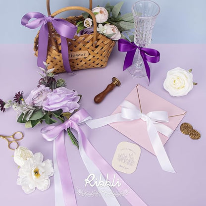 Ribbli Purple Satin Ribbon 1 Inch x 4 Rolls Total 40 Yards-White Lavender Purple Ribbon for Gift Wrapping Craft Wedding Decoration