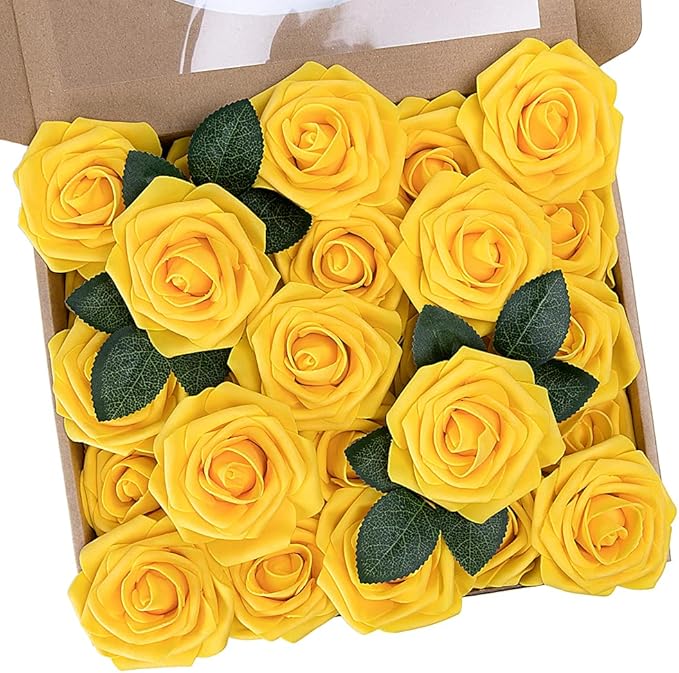 N&T NIETING Artificial Flowers, 25Pcs Fake Flowers Fall Roses Perfect for DIY Wedding Bouquets Centerpieces Bridal Shower Party Home Flower Arrangement Decorations, Gold