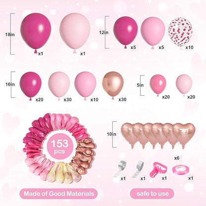 Amandir 153pcs Pink Balloon Garland Arch Kit, Different Sizes 18 12 10 5 inch Hot Pink Latex Metallic Confetti Rose Gold Balloons for Birthday Baby Shower Wedding Party Decorations
