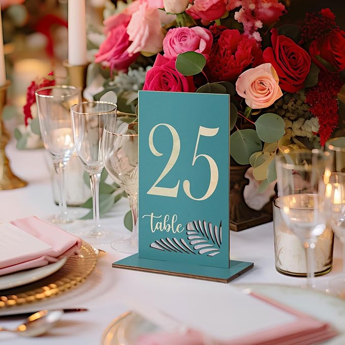 Wooden Table Numbers 1-25,3.2x5.8 Inch Double Sided Rustic Blue Wedding Table Number Signs with Wooden Base,Wedding Centerpieces for Banquet Restaurant Party Decor (Blue, 1-25)
