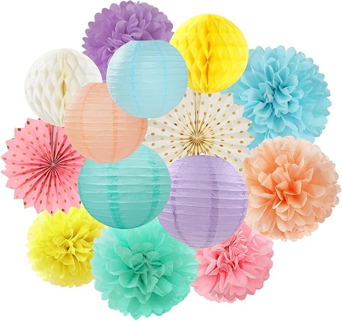 Pastel Rainbow Party Decorations Streamers - 14pcs Boy Girl Kids Birthday Supplies,Pink Yellow Blue Paper Lanterns Fan,Tissue Pom Poms,Honeycomb Balls, Baby Shower Wedding Decor Lasting Surprise