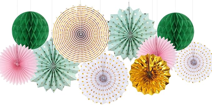 Sage-Green Pink Gold Party-Decorations - 33pcs Kits Tissue Pom Poms Honeycomb,Banner,Streamers Tassel Garland,Paper Lantern Fans, Wedding Engagement Bachelorette Birthday Baby Bridal Shower Hugtmr