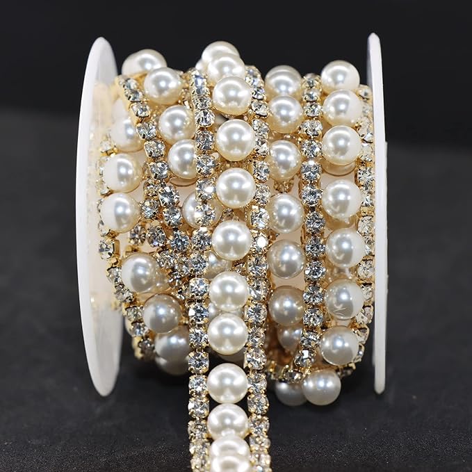 Jerler Rhinestone Trim Applique 1 Yard 2 Rows Crystal Chain Banding Diamond Inlaid White Pearl Beaded Rhinestones for Crafts Clothing and Bridal Embellishments Wedding Ideas Christmas Decorations