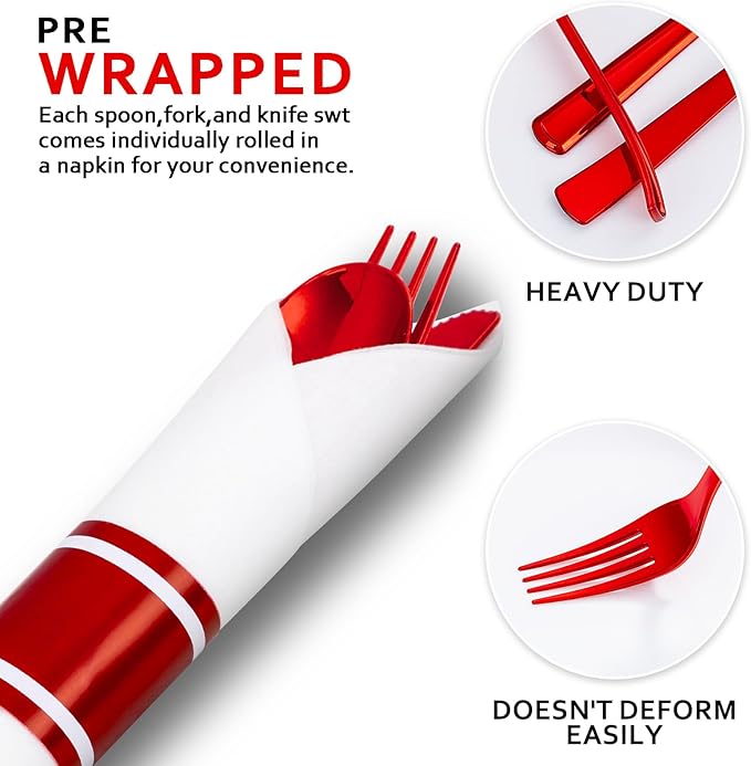 400PCS Pre Rolled Red Plastic Silverware Sets - Heavy Duty Red Cutlery - Include 100 Pack Wrapped Disposable Utensils with Napkins for Christmas Parties & Dinners & Weddings