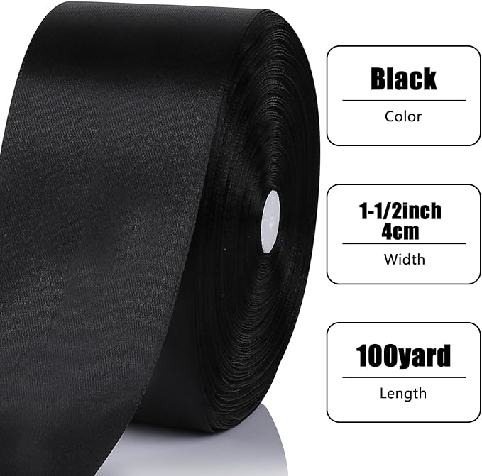 NESCCI 100 Yards Ribbon,1-1/2 Inch Black Satin Ribbon,Single Face Satin Ribbons,Perfect for Gift Wrapping,Wedding Decoration,Handmade Bows,Wrapping Bouquet,Halloween, Christmas