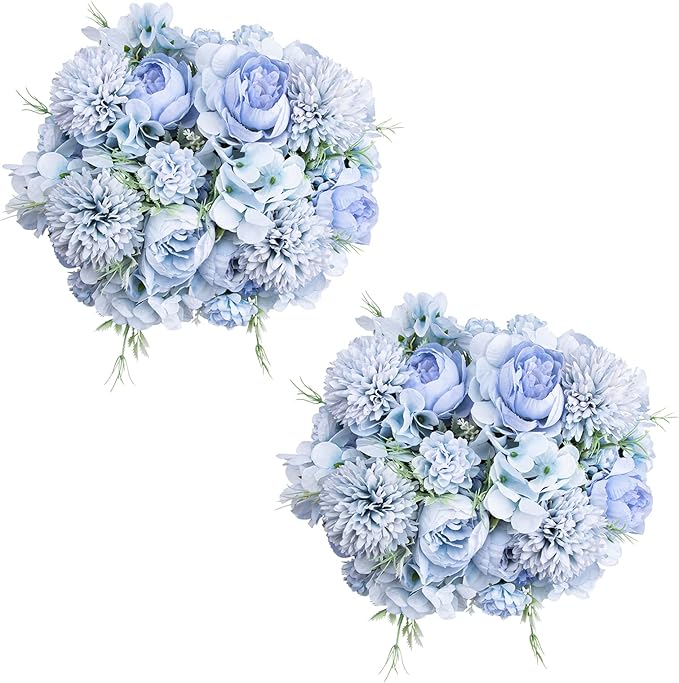 Artificial Flowers, 4 Packs Blue Fake Peony Silk Hydrangea Bouquet Decor Plastic Carnations Daisy Realistic Flower Home Office Party Decor Arrangements Wedding Decoration Table Centerpieces