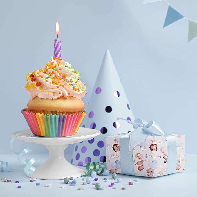 Aimyoo Baby Shower Wrapping Paper Roll - 17 Inch x 32.8 Feet - Cute Animal with Hello Baby Letter Design Perfect for Boys Girls, Birthday, Party