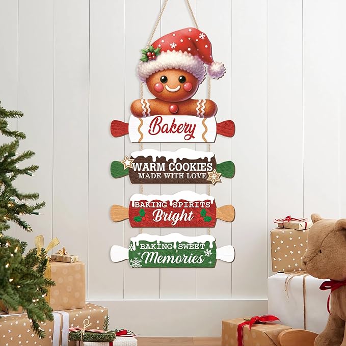 CHDITB Wooden Gingerbread Bakery Christmas Door Hanger, Rustic Christmas Wall Hanging Sign with Cookies Rolling Pin Warm Saying, Farmhouse Xmas Winter Holiday Decor for Indoor Outdoor