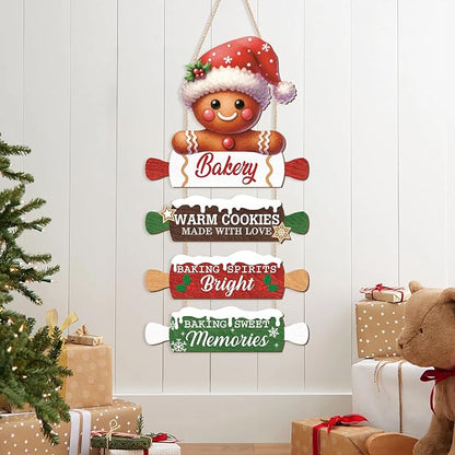 CHDITB Wooden Gingerbread Bakery Christmas Door Hanger, Rustic Christmas Wall Hanging Sign with Cookies Rolling Pin Warm Saying, Farmhouse Xmas Winter Holiday Decor for Indoor Outdoor