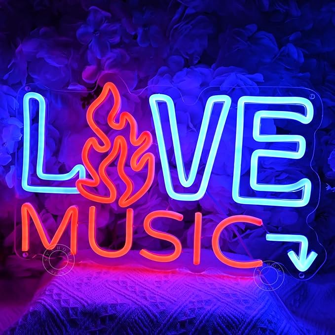 SYLHOME Live Music Led Neon Light Sign Fire Hot Bar Pub Music Studio Club Bedroom Wall Decor Sign Game Room Birthday Christmas Party Decoration 15.75" X 9.84" USB