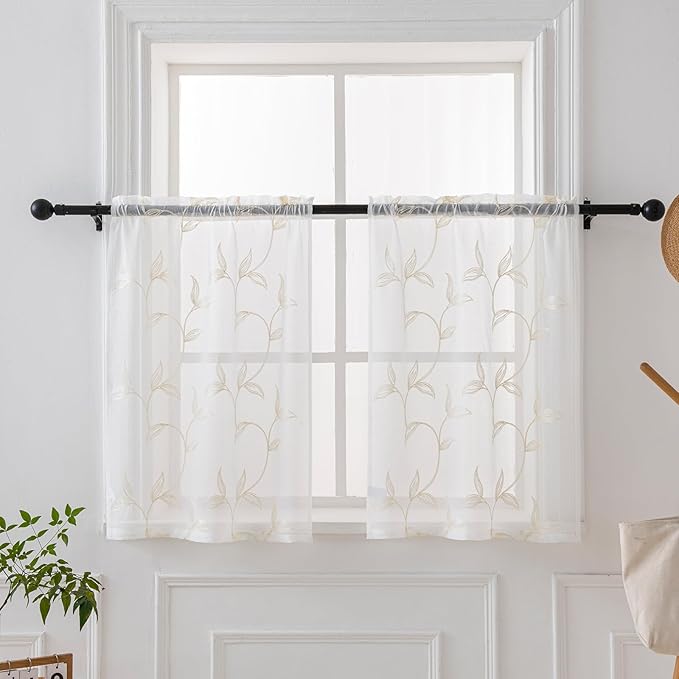 VISIONTEX White Sheer Voile Curtains, Decorative Leaves Embroidery Faux Linen Rod Pocket Window Drapes for Home Kitchen, Living Room and Bedroom 26 x 36 Inch, Set of 2 Curtain Panels