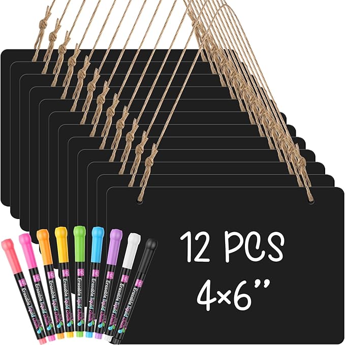 12 Pcs 4 x 6 Acrylic Chalkboard Hanging Sign with Chalk Markers Chalk Board Signs with Hanging String for Wedding Kitchen Home Party Decoration (Rectangle)
