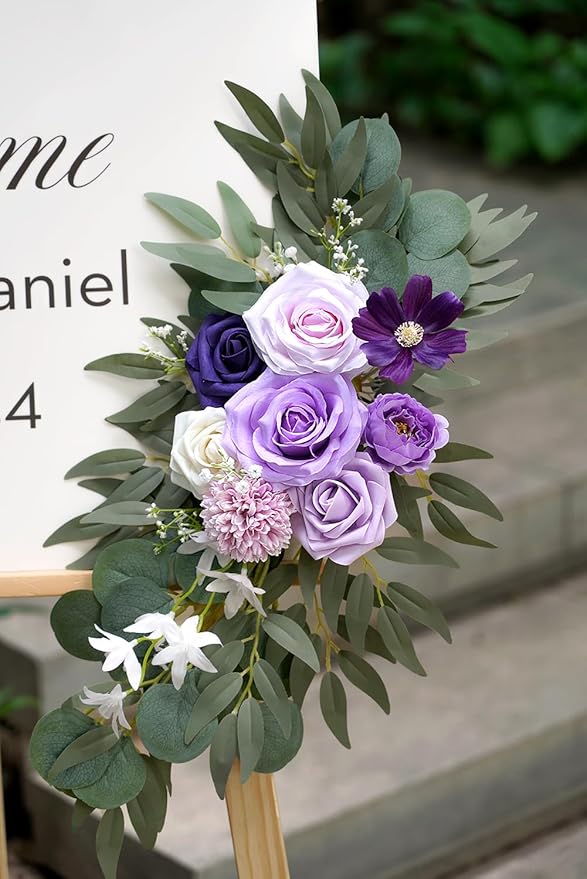 Faux Flower Swag Set of 2 for Wedding Welcome Signs Floral Decorations, Purple Wedding Arch Flowers for Wedding Ceremony (Lilac & Purple & Cream)