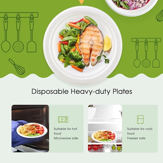 ECOLipak 100% Compostable 10 Inch Heavy Duty Paper Plates, 150 Pack Disposable Biodegradable Eco-friendly Sugarcane Bagasse Plates for Dinner Party(White)