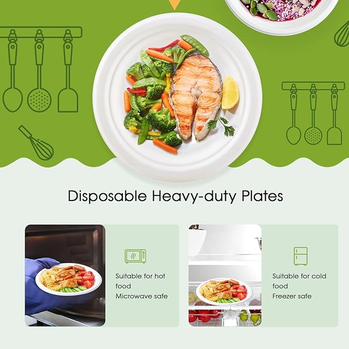 ECOLipak 9 inch 150 Pack Compostable Paper Plates, Heavy Duty Disposable Biodegradable Eco-friendly Sugarcane Bagasse Plates for Party Dinner