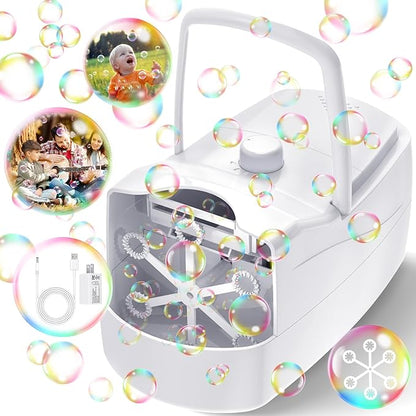 Bubble Machine, Automatic 18000+ Per Minute Big Bubbles Blower Maker for Kids Toddlers with 2 Speeds,6 Wands,Operated by Plugin or Batteries for Outdoor/Indoor Birthday Parties,Wedding (White)