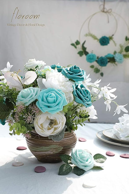 Floroom Artificial Flowers 25pcs Real Looking Green Ombre Colors Foam Fake Roses with Stems for DIY Wedding Bouquets Bridal Shower Centerpieces Floral Arrangements Party Tables Home Decorations
