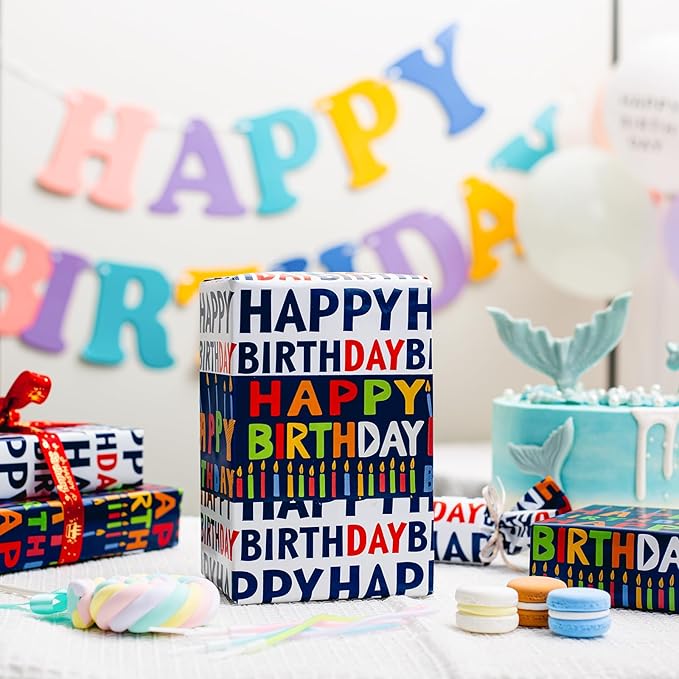Yarcony Reversible Birthday Wrapping Paper Roll - 17 Inch X 33 Ft(46.8 Sq.Ft.Ttl) - Creative Colorful Happy Birthday Lettering & Candle Navy Blue Gift Wrap for Party, Baby Shower & Holiday